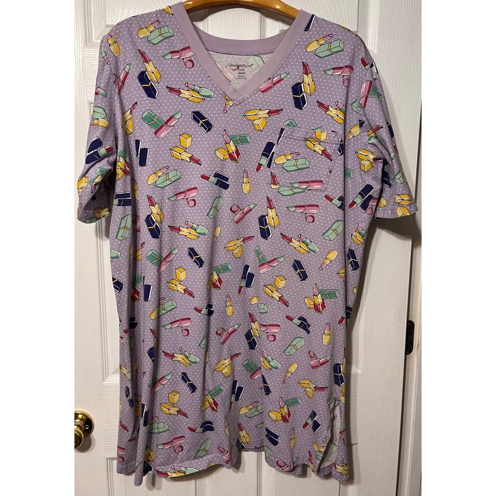 Dreams Co Nightgown Women's 1X 2X Purple Lipstick Print V Neck Short‎ Sleeve